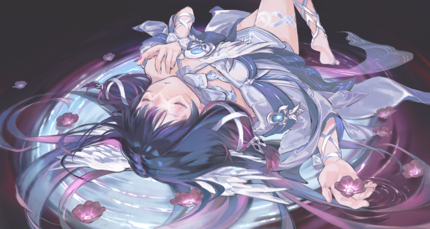 1girl, angel_wings, barefoot, barefoot_sandals_(jewelry), black_hair, blue_gemstone, blunt_bangs, bow