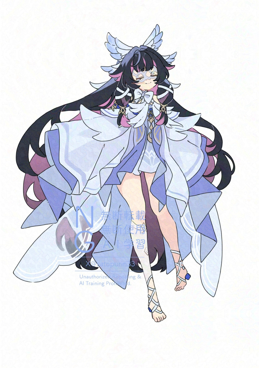 1girl, angel_wings, black_hair, blunt_bangs, blunt_tresses, bow, bowtie, closed_eyes