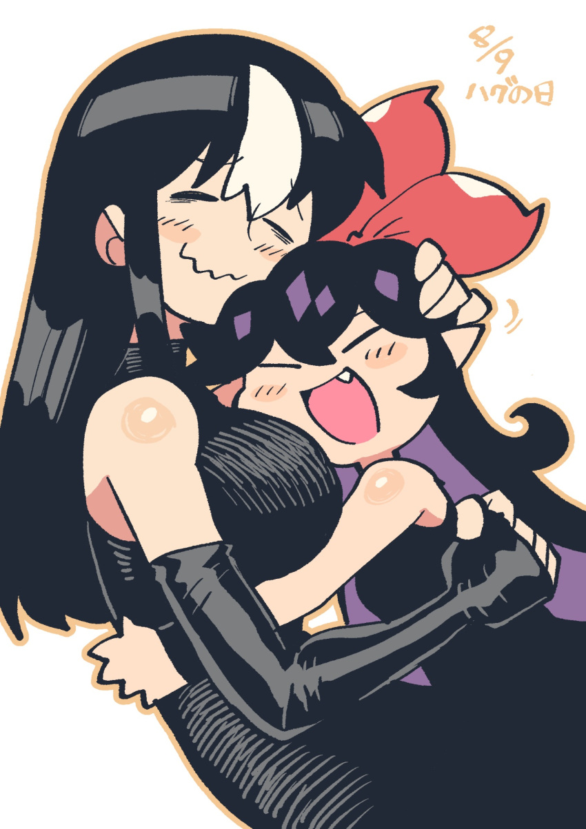 2girls, bags_under_eyes, bare_shoulders, black_dress, black_hair, blush, blush_stickers, bow