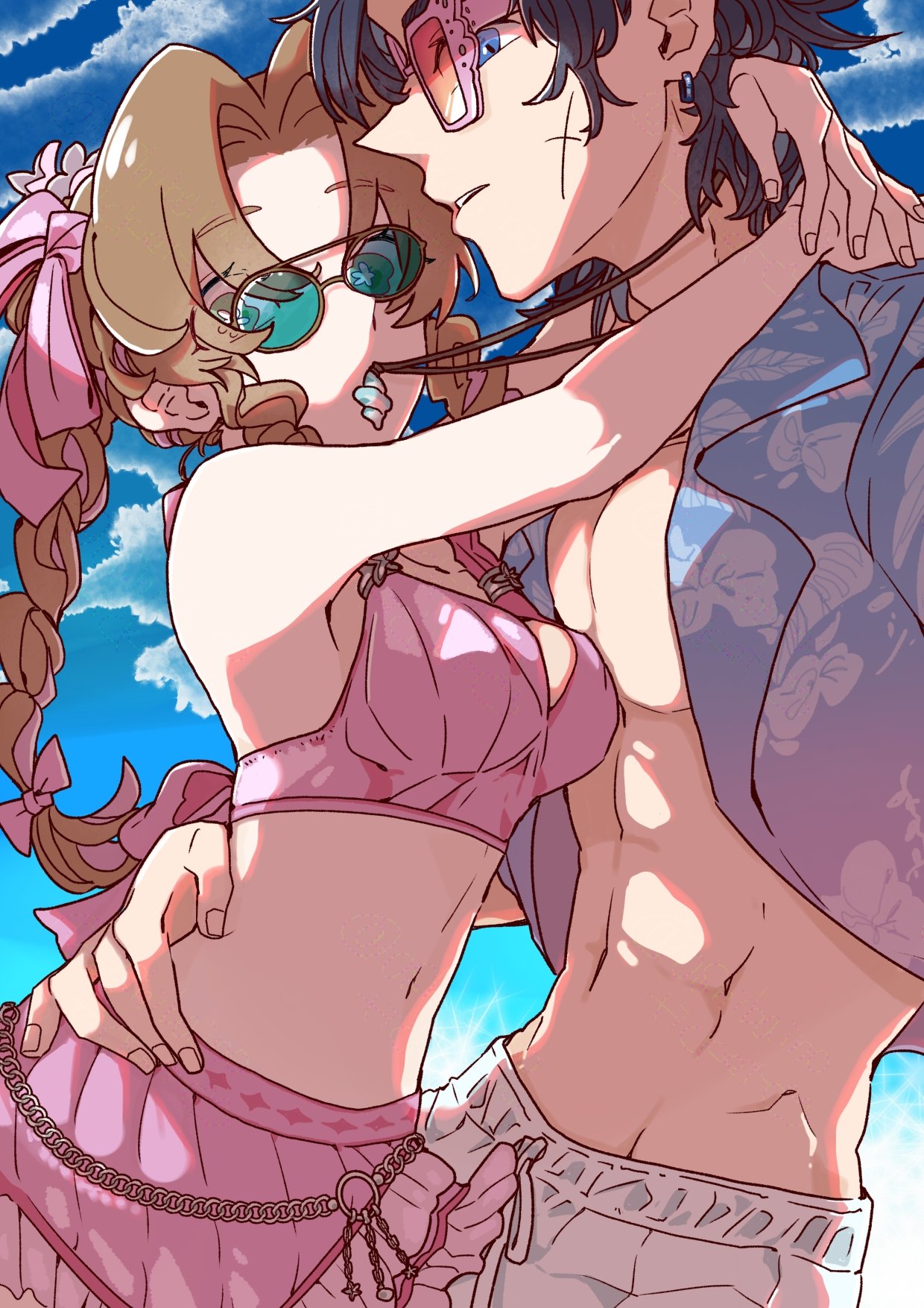 1boy, 1girl, abs, aerith_gainsborough, aerith_gainsborough_(pink_mermaid), bikini, bikini_skirt, braid