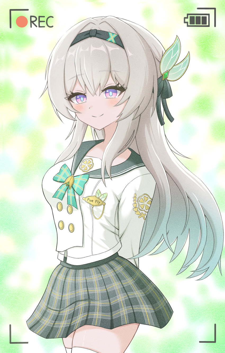 1girl, absurdres, arms_behind_back, battery_indicator, black_hairband, black_ribbon, blush, closed_mouth