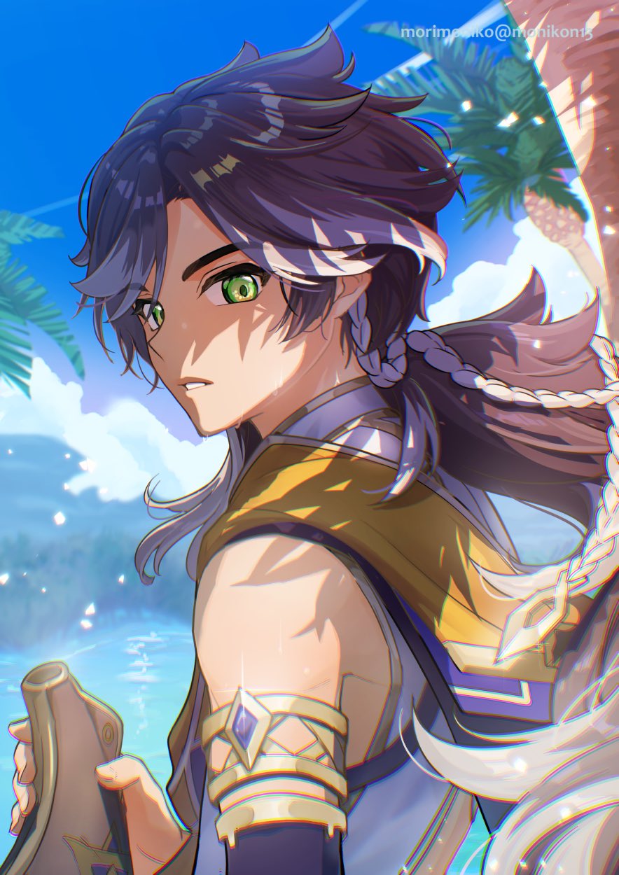 ancient_egyptian_clothes, braid, brown_hair, cape, genshin_impact, gold_trim, green_eyes, highres