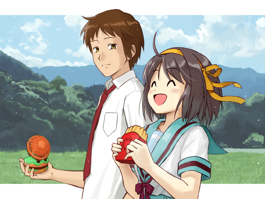 1boy, 1girl, blue_sailor_collar, blue_skirt, blue_sky, breast_pocket, brown_eyes, brown_hair