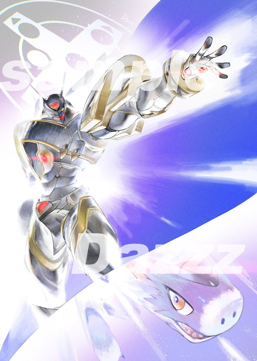 absurdres, alphamon, armor, black_armor, black_helmet, blue_background, dazz_(daito), digimon