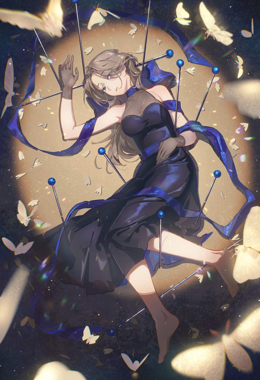 1girl, absurdres, bare_shoulders, barefoot, black_dress, blue_bow, blue_bowtie, blue_eyes