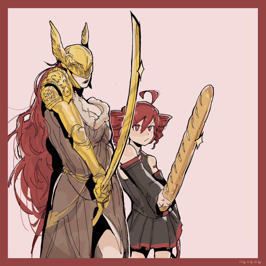 116116116el, 2girls, armor, baguette, bare_shoulders, black_skirt, black_sleeve_cuffs, border, bread, brown_dress, commission, covered_eyes, crossover, dress, drill_hair, elden_ring, food, fur-trimmed_dress, fur_trim, gold_armor, golden_sword, helmet, helmet_over_eyes, highres, holding, holding_food, holding_sword, holding_weapon, kasane_teto, long_hair, malenia_blade_of_miquella, mechanical_arms, multiple_girls, pleated_dress, prosthesis, prosthetic_arm, red_background, red_border, red_eyes, red_hair, red_trim, shoulder_boards, signature, single_bare_shoulder, single_mechanical_arm, skirt, sparkle, sword, trait_connection, twin_drills, utau, wavy_hair, weapon, winged_helmet