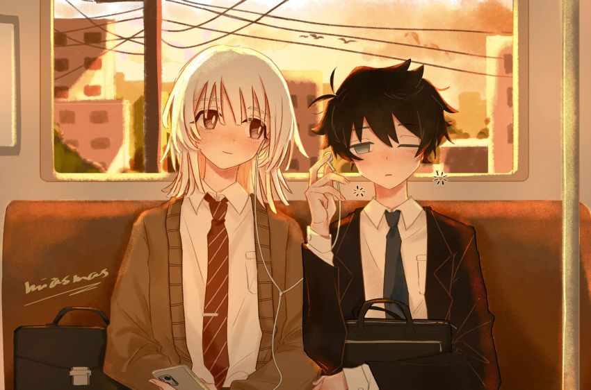 2boys, akinashi_haru, bag, black_hair, black_jacket, black_necktie, blush, brown_cardigan, bus_interior, cardigan, closed_mouth, headphones, highres, jacket, male_focus, miasmas70, multiple_boys, necktie, red_necktie, saihate_eki, shirt, sleepy, smile, tatsunami_shion, white_hair, white_shirt