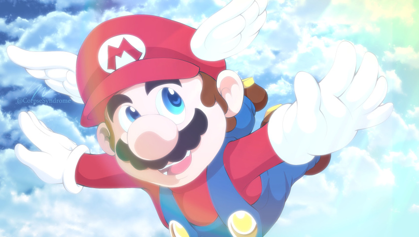 1boy, artist_name, blue_eyes, blue_overalls, clip_studio_paint_(medium), clouds, cloudy_sky, commentary, corpsesyndrome, english_commentary, facial_hair, flying, full_body, gloves, hat, head_wings, highres, mario, mario_day, open_mouth, overalls, red_hat, red_shirt, shirt, sky, smile, solo, super_mario_64, super_mario_bros., twitter_username, white_gloves, wings