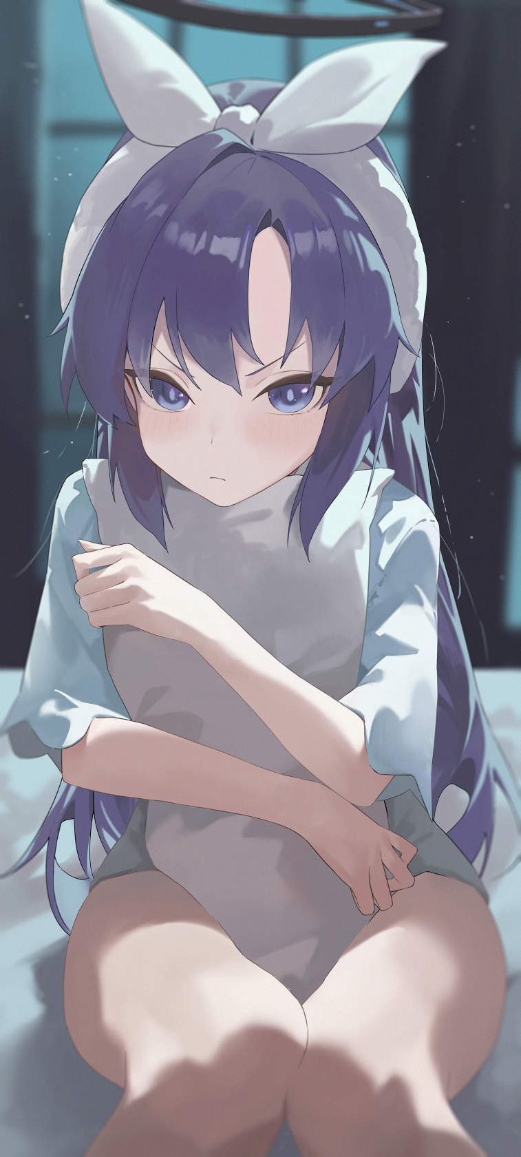 1girl, alone_(user_pafj5434), black_halo, blue_archive, blue_eyes, bow_headband, closed_mouth, halo