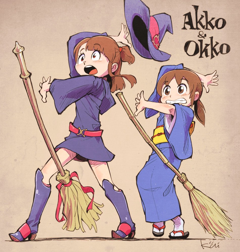 2girls, arm_above_head, arm_up, artist_name, belt, black_sandals, blue_kimono, boots