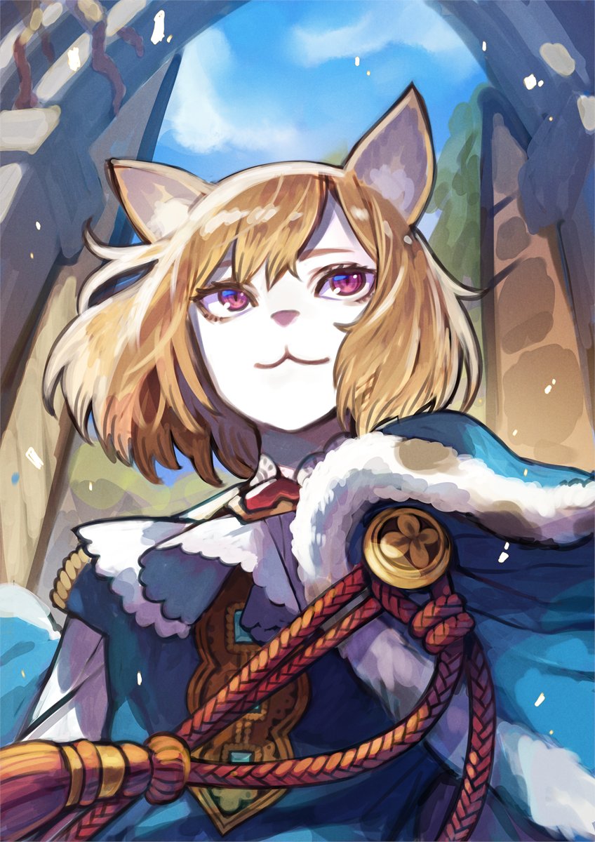 1boy, animal_ears, blonde_hair, blue_cape, cape, closed_mouth, commentary_request, door