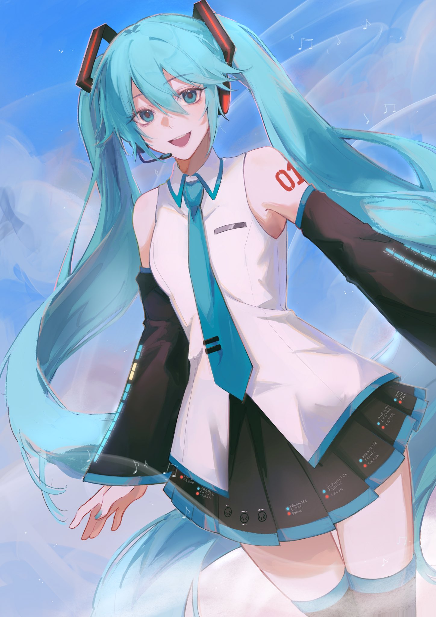 1girl, :d, aqua_eyes, aqua_hair, aqua_necktie, bare_shoulders, black_boots, black_skirt, black_sleeves, blue_sky, boots, clouds, cloudy_sky, collared_shirt, cowboy_shot, detached_sleeves, dutch_angle, hair_between_eyes, hair_ornament, hatsune_miku, headset, highres, kota_tsumi, long_hair, long_sleeves, miniskirt, necktie, number_tattoo, open_mouth, pleated_skirt, shirt, skirt, sky, sleeveless, sleeveless_shirt, smile, solo, tattoo, teeth, thigh_boots, twintails, upper_teeth_only, very_long_hair, vocaloid, white_shirt