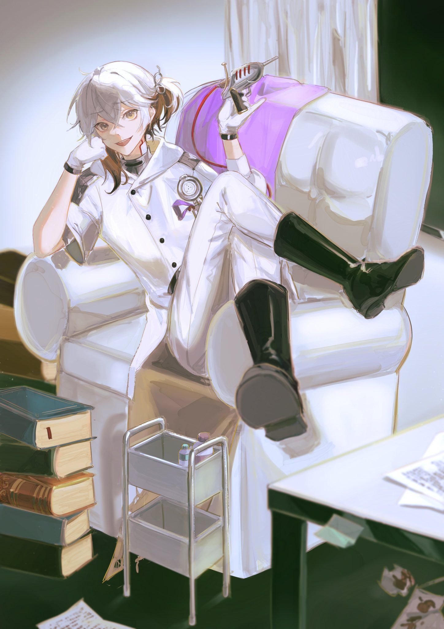 1other, :d, black_boots, book, book_stack, boots, brown_hair, coat