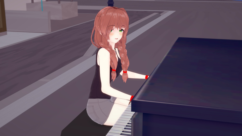 3d, alternate_hairstyle, braided_hair, braids, coral_brown_hair, green_eyes, koikatsu, monika_(doki_doki_literature_club), music, music_video, parody, piano, playing_instrument, playing_piano, reference, vanessa_carlton