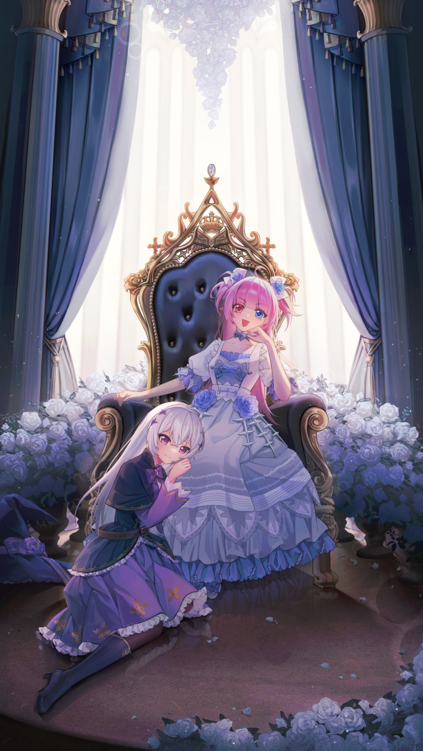 2girls, :d, ahoge, arm_support, artist_request, belt, black_capelet, blue_eyes
