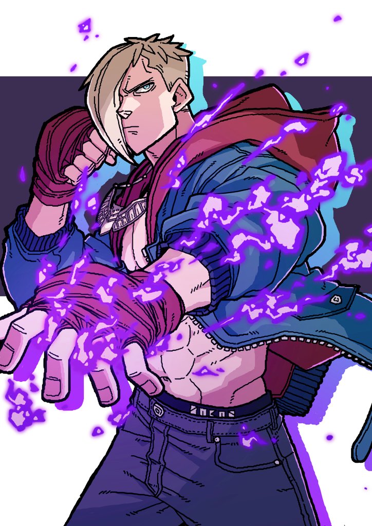 1boy, abs, bare_pectorals, blonde_hair, blue_jacket, blue_pants, clenched_hand, commentary_request, cowboy_shot, denim, ed_(street_fighter), fingernails, groin, hair_over_one_eye, hand_wraps, hood, hood_down, hooded_jacket, jacket, jeans, jewelry, juugoyaewokaku, male_focus, male_underwear, male_underwear_peek, necklace, one_eye_covered, open_clothes, open_jacket, outstretched_arm, pants, pectorals, psycho_power, red_hood, short_hair, solo, street_fighter, street_fighter_6, two-sided_fabric, two-sided_jacket, underwear, unzipped, zipper