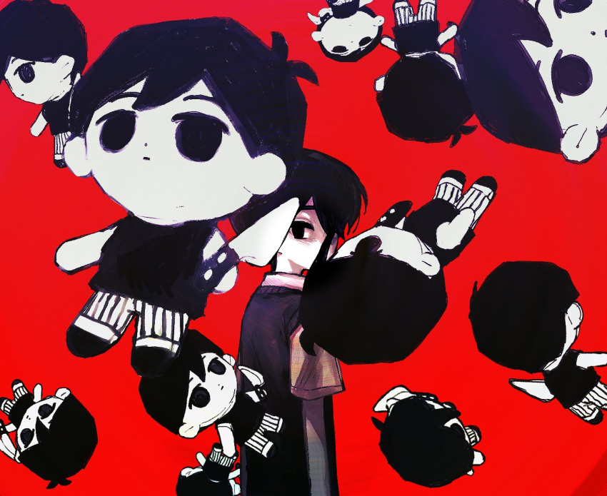 1boy, black_hair, black_sweater_vest, character_doll, closed_mouth, collared_shirt, covered_mouth, doll, dot_nose, double-parted_bangs, floating, hair_between_eyes, holding, holding_knife, holding_weapon, kitchen_knife, knife, male_focus, omori, omori_(omori), pants, parted_bangs, red_background, rou_(h_s_sinrin), shirt, short_sleeves, simple_background, standing, striped_clothes, striped_pants, sunny_(omori), sweater_vest, weapon