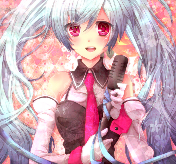 bad_id, blue_hair, gatma, hatsune_miku, long_hair, microphone, necktie, red_eyes