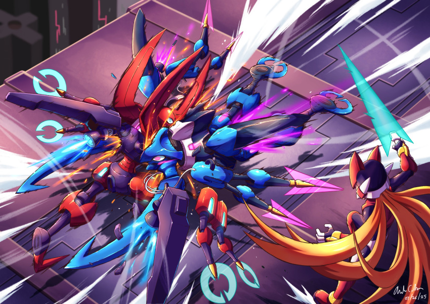 1boy, absurdres, armor, battle, blonde_hair, blue_armor, bug, dated