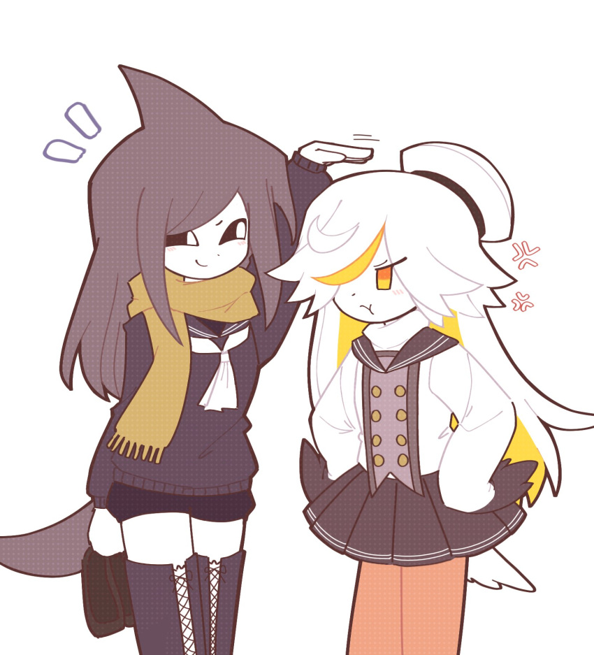 2girls, aged_up, anger_vein, bird_girl, bird_tail, black_sailor_collar, black_sclera, black_skirt