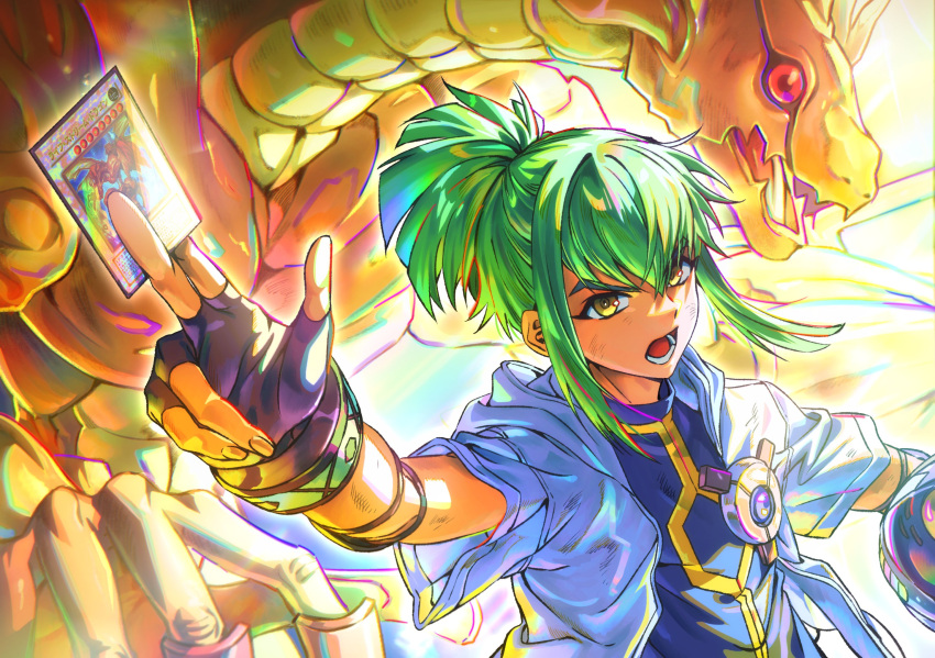 1boy, blue_gloves, blue_jacket, blue_shirt, card, dragon, duel_disk, duel_monster