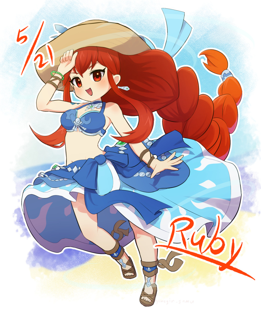 anklet, armlet, beach, bracelet, braid, chibi, fantasy_life, fantasy_life_online, hat, highres, jewelry, red_eyes, red_hair, ruby_(fantasy_life), ruby_(seaside_blue_rose)_(fantasy_life), sandals, single_braid, swimsuit, translation_request, walking, yomogin_game