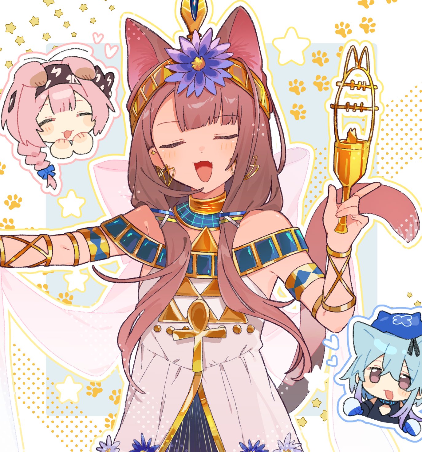 1boy, 2girls, animal_ears, ankh, arknights, blue_flower, braid, brown_hair, cat_ears, cat_tail, chibi, circlet, closed_eyes, earrings, fang, flower, goldenglow_(arknights), hairband, hat, highres, jewelry, maguro_kan, mizuki_(arknights), multiple_girls, paw_print, pepe_(arknights), pepe_(nuit_of_the_nightsky)_(arknights), side_braid, skin_fang, star_(symbol), tail
