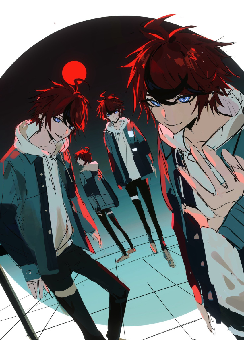 4boys, ahoge, backlighting, binxngchng1, black_jacket, black_pants, black_streaks, blue_eyes