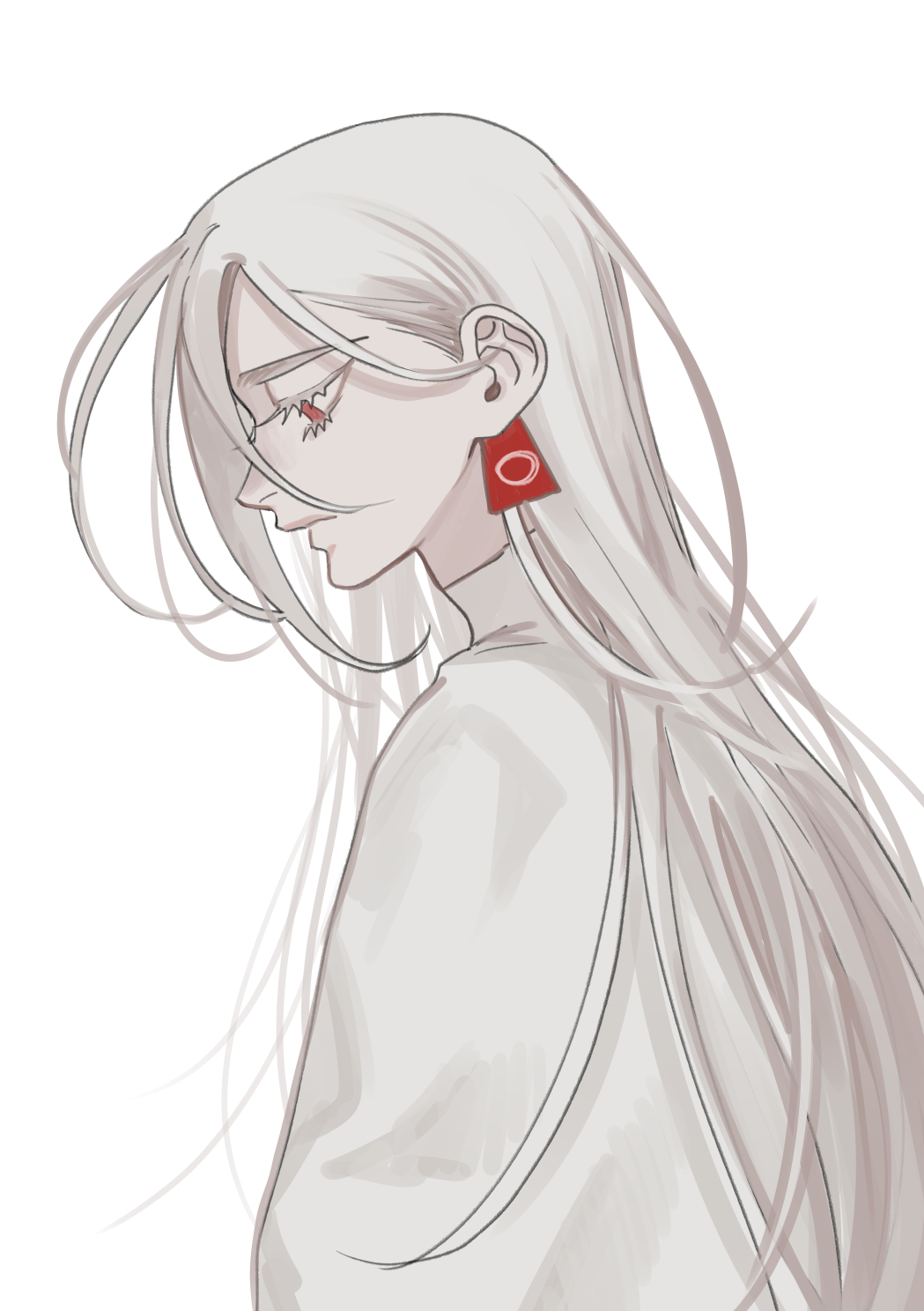 1boy, albino, androgynous, closed_mouth, ear_tag, from_side, hair_behind_ear, highres