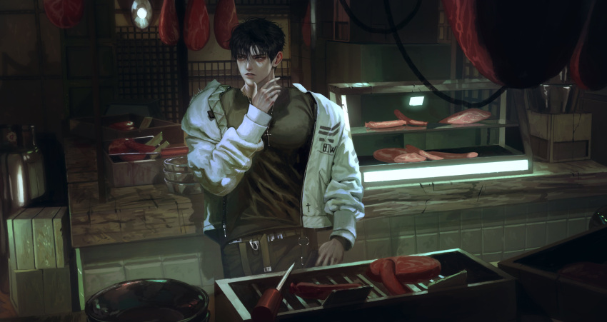 1boy, absurdres, belt, black_hair, black_shirt, box, butcher_shop_(place), ceiling_light