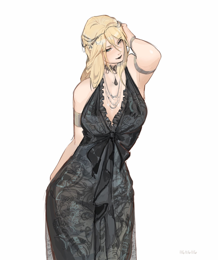 116116116el, 1girl, arm_at_side, armlet, bare_shoulders, black_choker, black_dress, black_lips, black_sash, blonde_hair, choker, contrapposto, cowboy_shot, dress, elden_ring, fia_the_deathbed_companion, frilled_dress, frills, hand_in_own_hair, highres, jewelry, long_hair, necklace, plunging_neckline, sash, see-through_clothes, signature, solo, standing, white_background