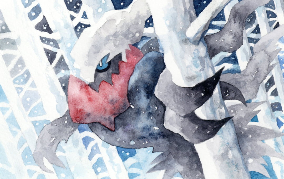 darkrai, hand_on_tree, no_humans, pokemon, pokemon_(creature), pokemon_focus, pokemon_tcg, second-party_source