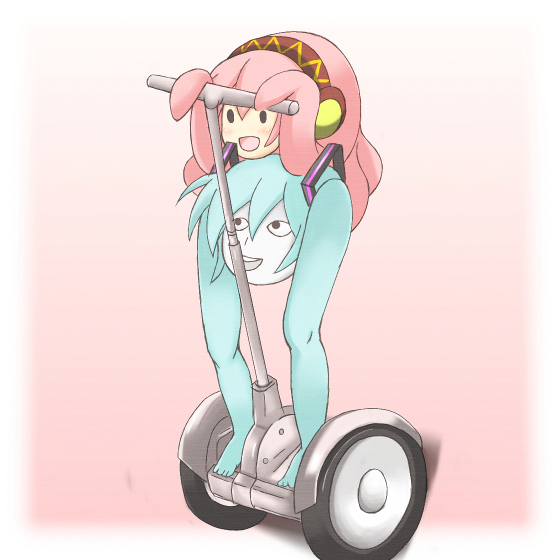 2girls, aqua_hair, blue_hair, blush, colored_skin, hair_ornament, handlebar, headphones