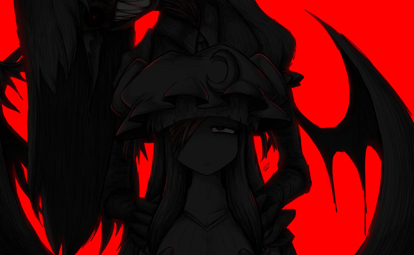 2girls, bandage_over_one_eye, bat_wings, black_eyes, blunt_bangs, bow, collarbone, collared_shirt