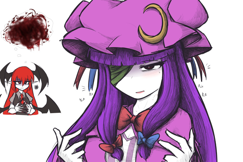 2girls, bandage_over_one_eye, bat_wings, bite_mark, bite_mark_on_neck, black_eyes, black_vest, blah_blah_blah