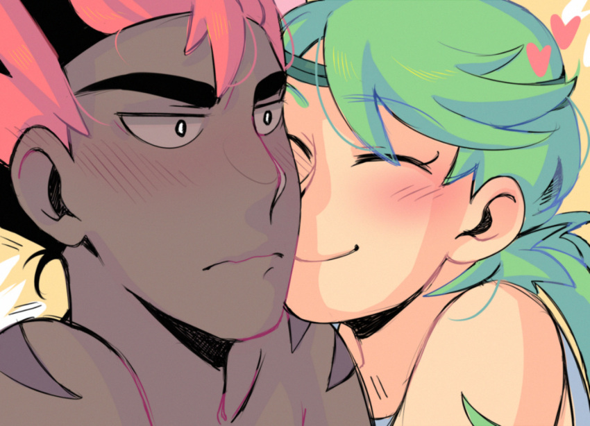 1boy, 1girl, black_hair, blush, closed_eyes, dark-skinned_male, dark_skin, green_hair