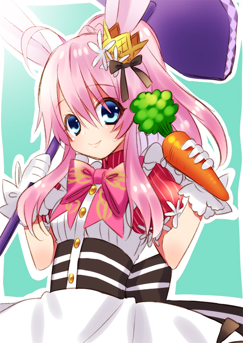 1girl, ahoge, animal_ears, apron, black_ribbon, blue_eyes, carrot, crown