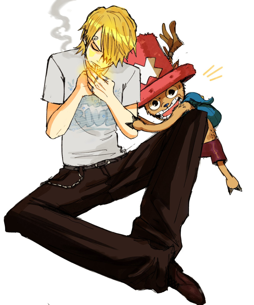2boys, antlers, bag, blonde_hair, chain, cigarette, closed_eyes, commentary