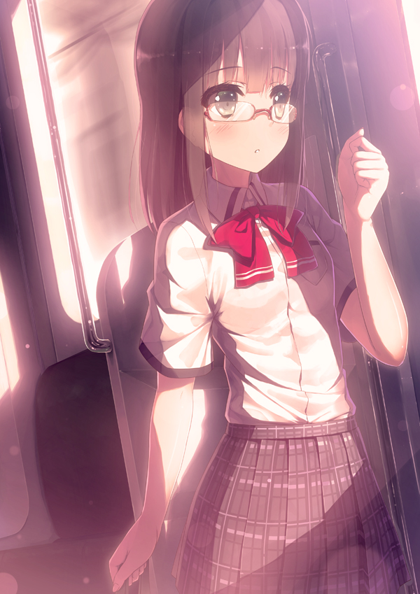 blue_hair, blush, bow, brown_eyes, brown_hair, bus, bus_interior, glasses