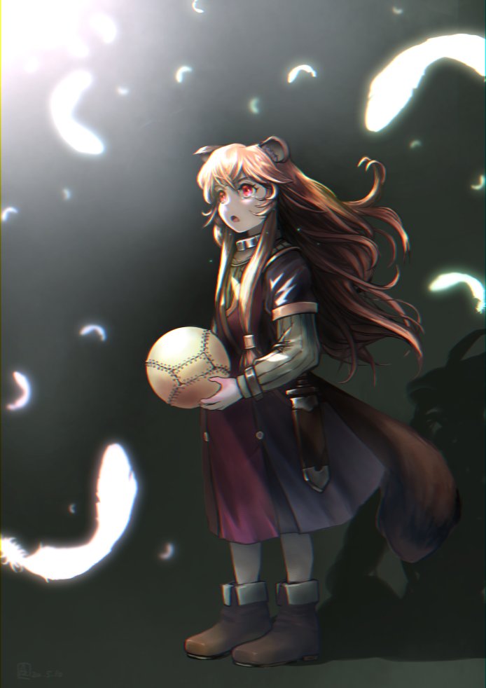 1girl, :o, animal_ear_fluff, animal_ears, azamatsu, bag, black_dress, boots, brown_boots, brown_hair, child, collar, commentary_request, dagger, dress, falling_feathers, feathers, floating_hair, glowing, glowing_eyes, grey_dress, holding, holding_bag, knife, knife_sheath, long_hair, long_sleeves, metal_collar, metal_wrist_cuffs, open_mouth, raccoon_ears, raccoon_girl, raccoon_tail, raphtalia, red_dress, red_eyes, sheath, sheathed, short_sleeves, solo, tail, tate_no_yuusha_no_nariagari, two-tone_dress, weapon