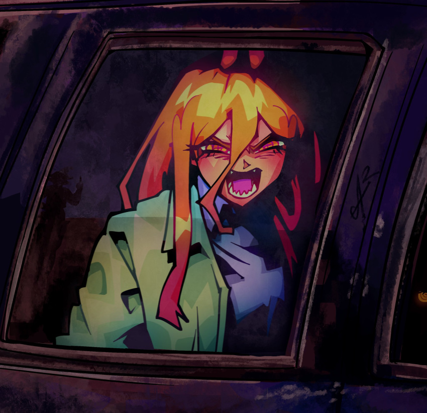 1girl, alpharecdyt, blonde_hair, blue_shirt, breaking_bad, car, chainsaw_man, cosplay