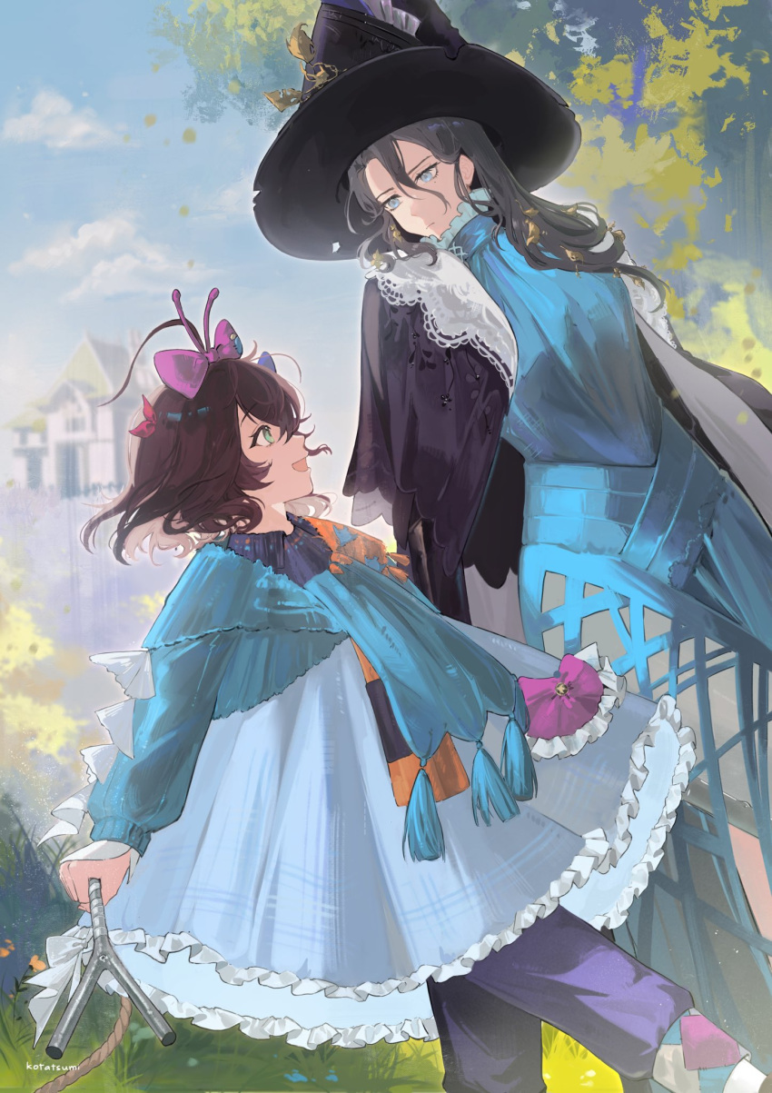 2girls, ahoge, black_cape, black_hair, black_hat, blue_bow, blue_dress, blue_eyes, blue_pants, blue_scarf, blue_sky, bow, brown_hair, cape, clouds, cloudy_sky, day, dress, dutch_angle, flutterpage, hair_bow, hat, highres, holding, holding_rod, house, kota_tsumi, long_hair, looking_at_another, looking_to_the_side, mole, mole_under_eye, multiple_girls, multiple_hair_bows, open_mouth, orange_scarf, outdoors, pants, pants_under_dress, pink_bow, profile, red_bow, reverse:1999, rod, scarf, short_hair, sky, smile, tree, two-tone_scarf, walking, willow_(reverse:1999), witch_hat