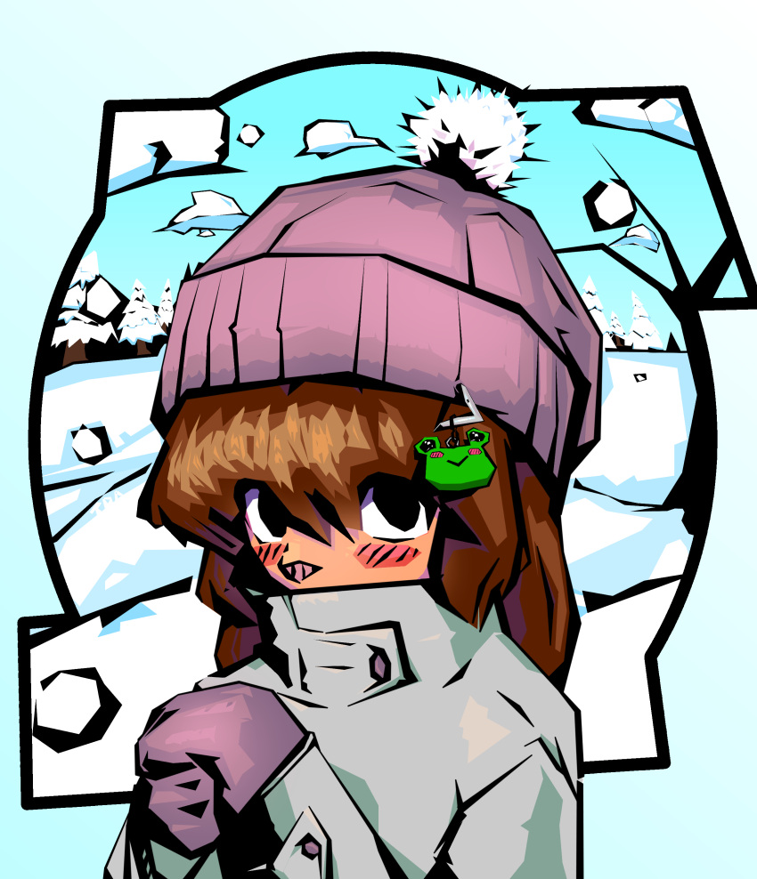 1girl, absurdres, beanie, blush, day, forest, hat, highres