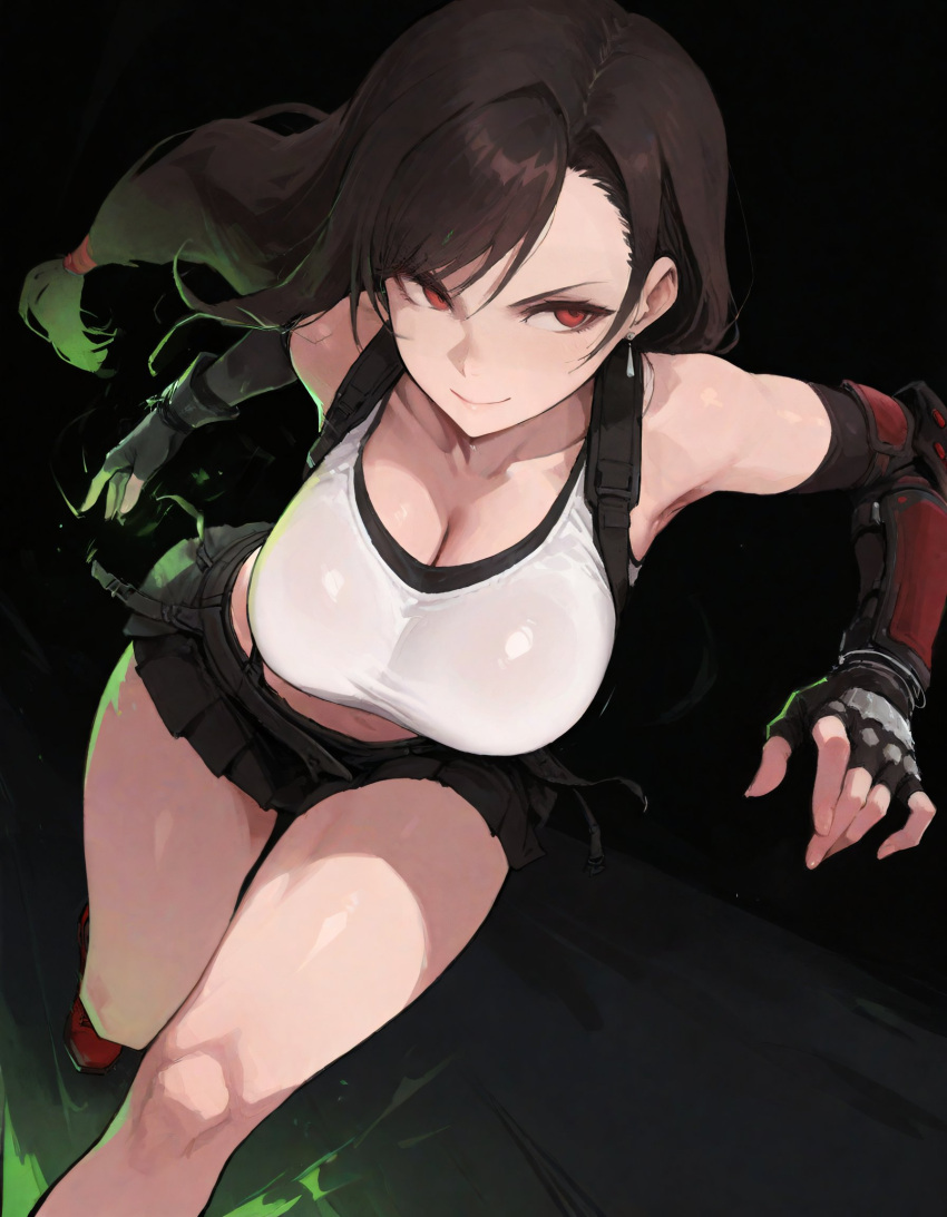 1girl, ai-assisted, black_background, black_gloves, breasts, final_fantasy, final_fantasy_vii, gloves, highres, krita_(medium), long_hair, looking_to_the_side, miniskirt, motion_lines, red_eyes, servbot6, shirt, skirt, tifa_lockhart, white_shirt