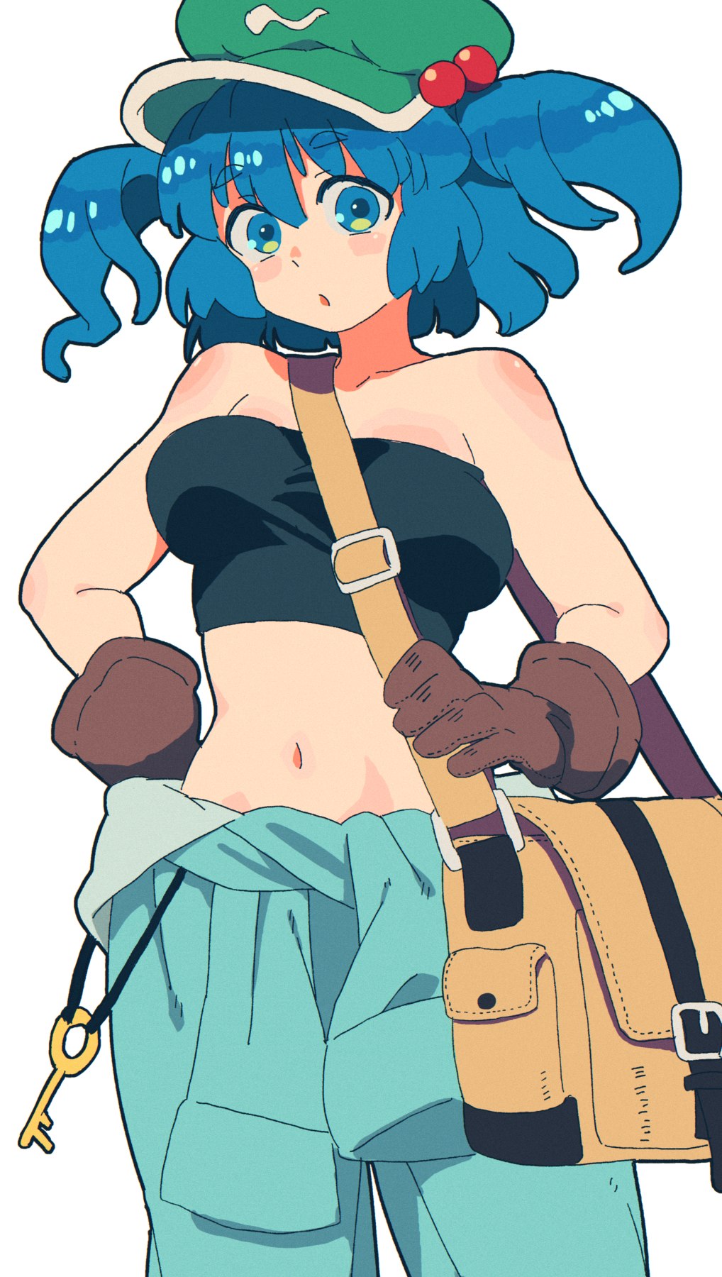1girl, :o, bag, bare_shoulders, black_tube_top, blue_eyes, blue_hair, breasts