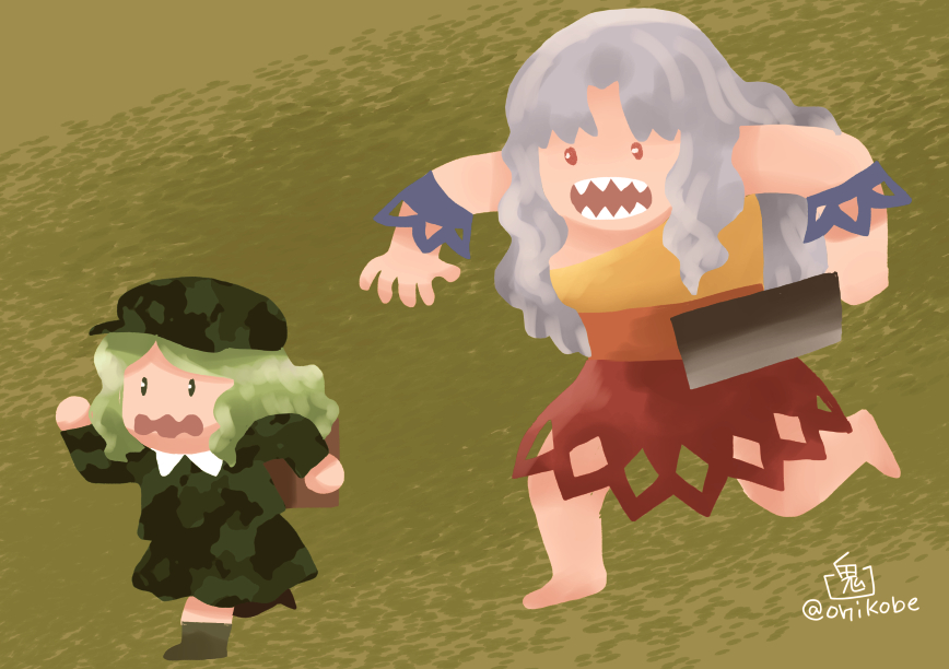 2girls, barefoot, boots, brown_boots, camouflage_dress, chasing, commentary_request, dress