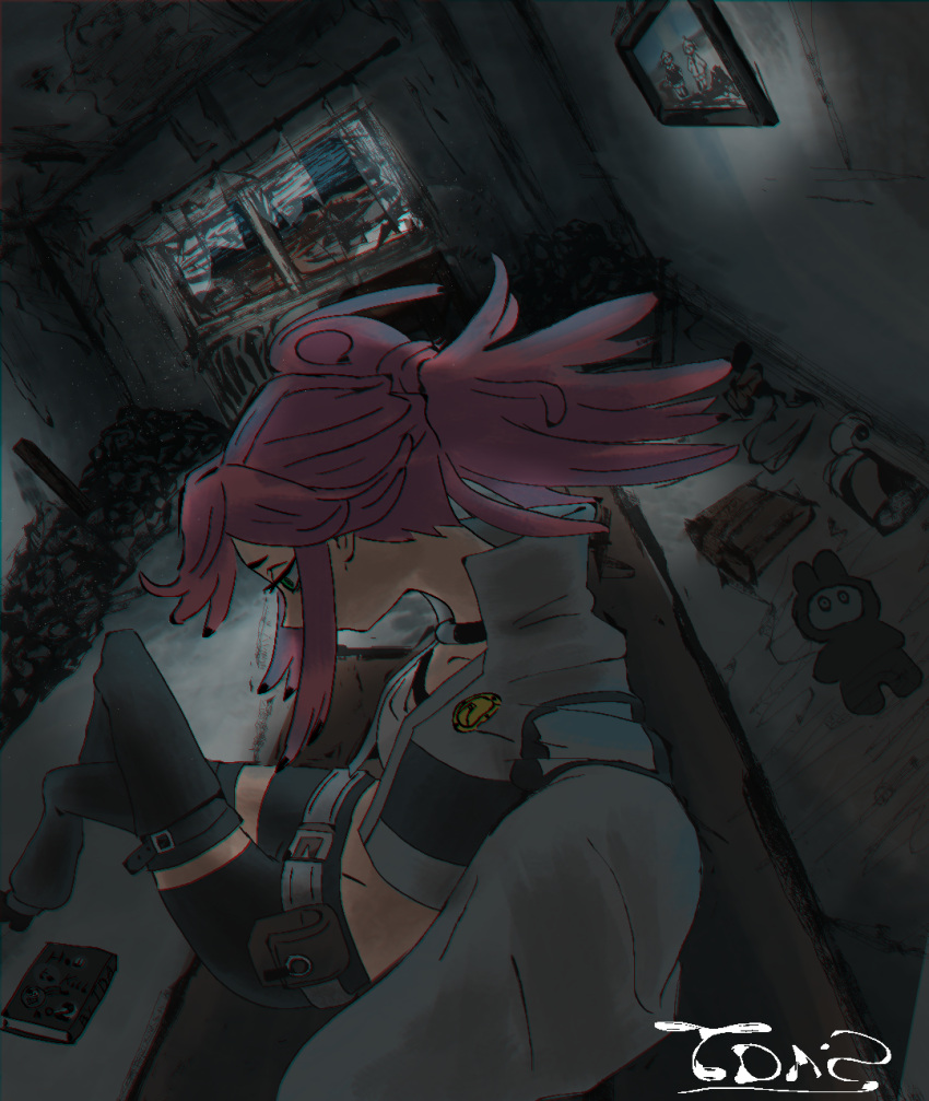 1girl, annoyed, clouds, cloudy_sky, gachiakuta, green_eyes, high_detail, highres, long_hair, non-web_source, post-apocalypse, red_hair, riyo_reaper, sky, tdaishomeless, thigh-highs