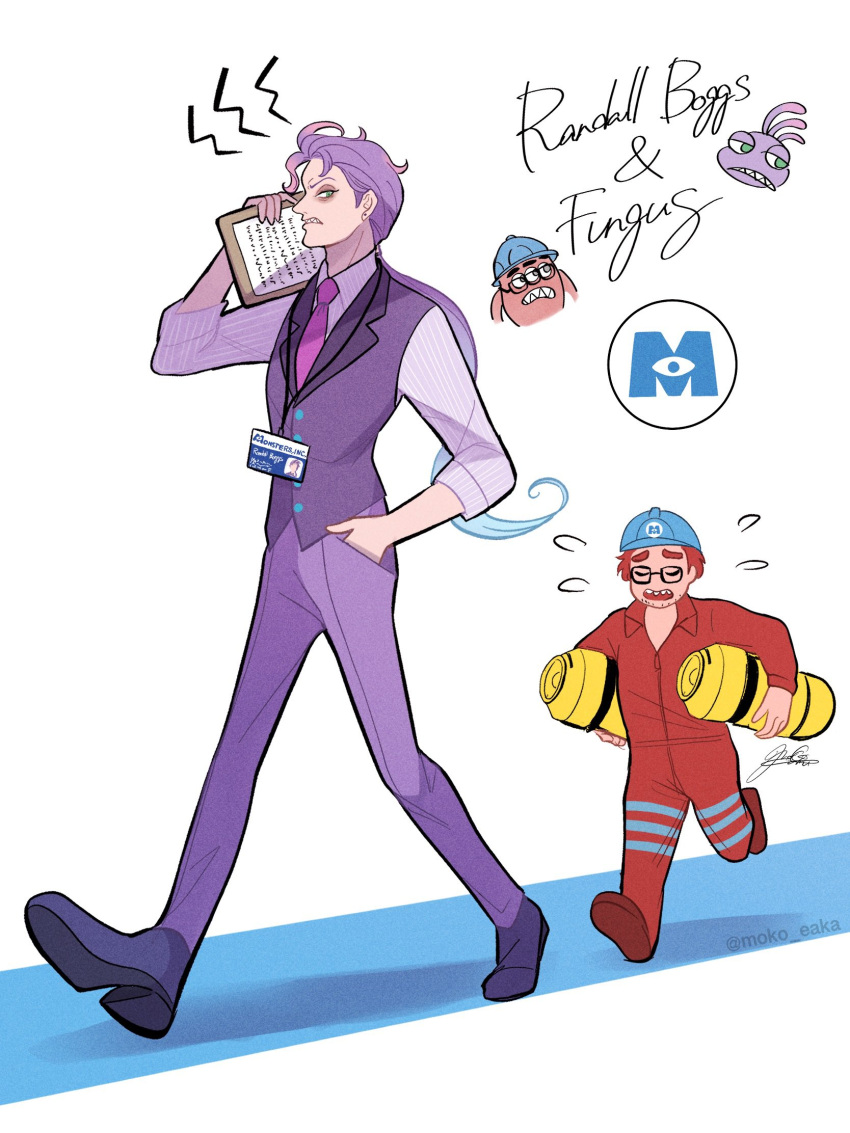 2boys, fungus_(monsters_inc.), glasses, hair_between_eyes, highres, holding, humanization, jacket