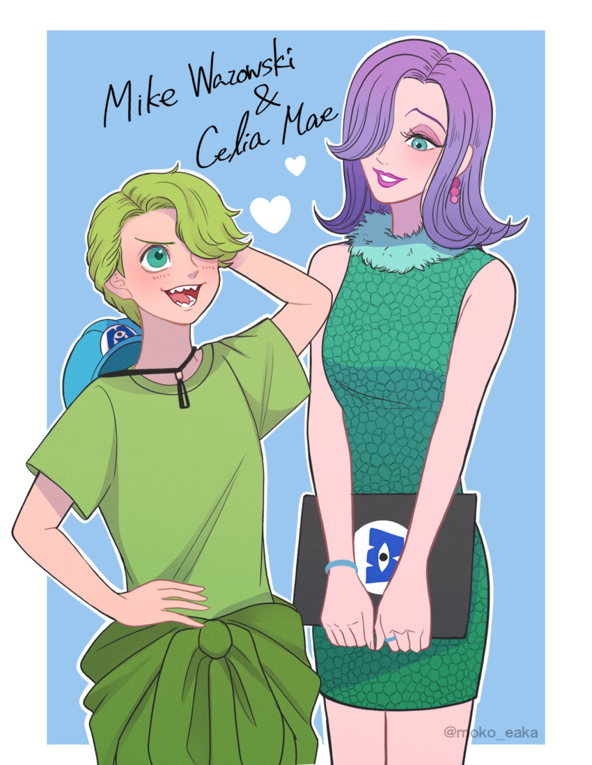 1boy, 1girl, animification, celia_mae, curly_hair, dress, fur_trim, hair_over_one_eye