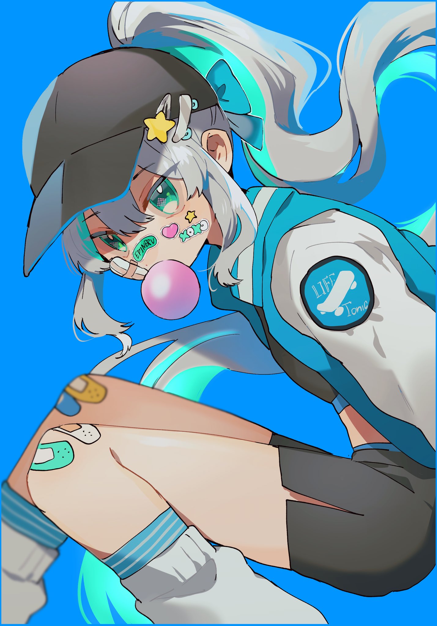1girl, bandaid, bandaid_on_cheek, bandaid_on_face, bandaid_on_knee, bandaid_on_leg, bandaid_on_nose, baseball_cap, black_hat, black_shirt, black_skirt, blue_background, blue_jacket, chewing_gum, english_text, engrish_text, epinel_(nikke), floating_hair, from_side, goddess_of_victory:_nikke, green_eyes, green_hair, grey_hair, hair_between_eyes, hair_ornament, hair_through_headwear, hat, heart_sticker, highres, jacket, knees_up, long_hair, loose_socks, multicolored_hair, navel, nnn_chisi, ponytail, ranguage, shirt, sidelocks, sitting, skirt, socks, solo, star_(symbol), star_hair_ornament, star_sticker, sticker_on_face, streaked_hair, very_long_hair, white_sleeves